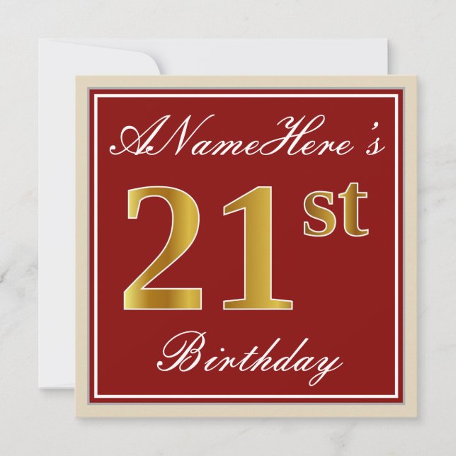 Elegant, Red, Faux Gold 21st Birthday; Custom Name Invitation (Front)