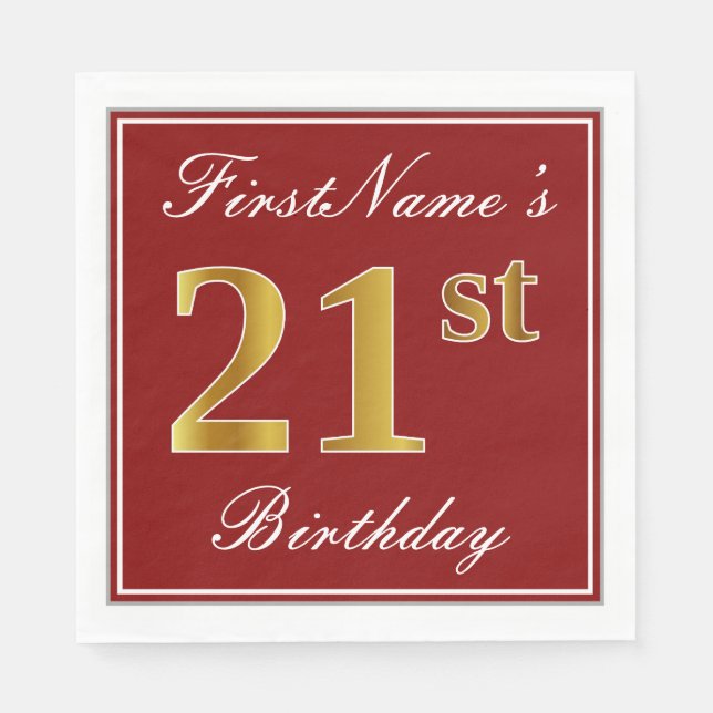 Elegant Red, Faux Gold 21st Birthday + Custom Name Napkins (Front)