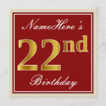 [ Thumbnail: Elegant, Red, Faux Gold 22nd Birthday; Custom Name Invitation ]