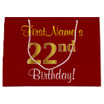 [ Thumbnail: Elegant, Red, Faux Gold 22nd Birthday; Custom Name Gift Bag ]