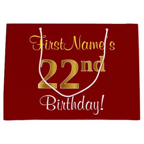 Elegant Red Faux Gold 22nd Birthday Custom Name Large Gift Bag