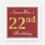 [ Thumbnail: Elegant Red, Faux Gold 22nd Birthday + Custom Name Napkins ]