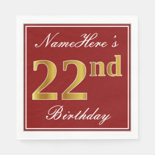 Elegant Red, Faux Gold 22nd Birthday + Custom Name Napkins