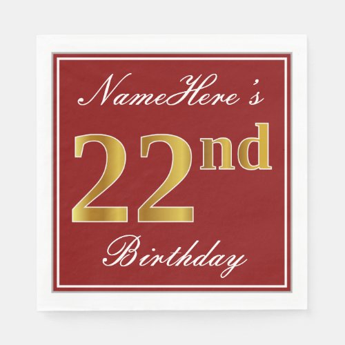 Elegant Red Faux Gold 22nd Birthday  Custom Name Napkins