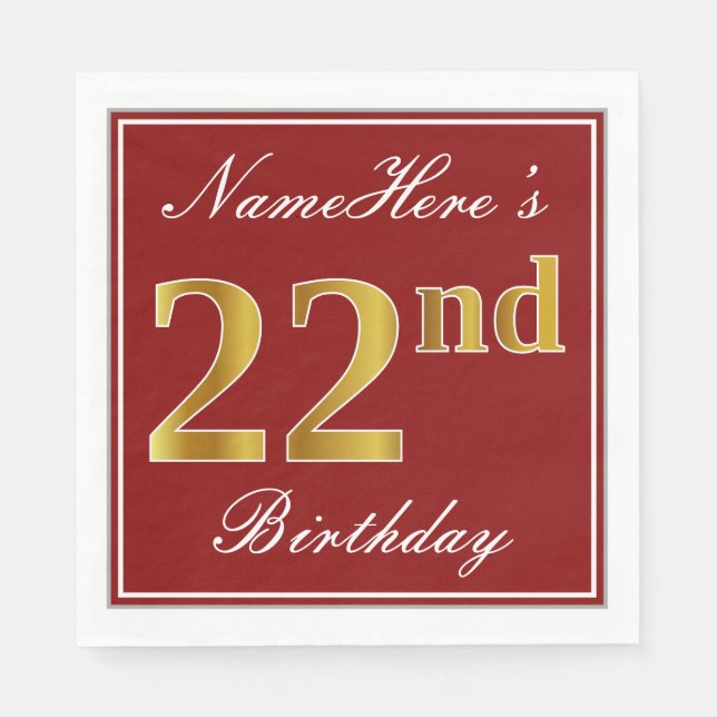 Elegant Red, Faux Gold 22nd Birthday + Custom Name Napkins (Front)