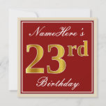 [ Thumbnail: Elegant, Red, Faux Gold 23rd Birthday; Custom Name Invitation ]