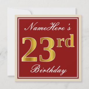 Elegant, Red, Faux Gold 23rd Birthday; Custom Name Invitation