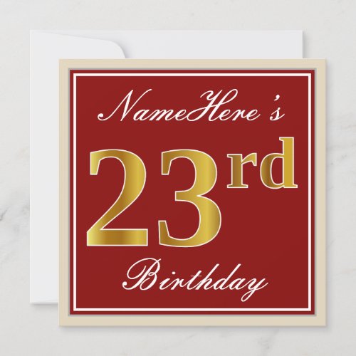 Elegant Red Faux Gold 23rd Birthday Custom Name Invitation