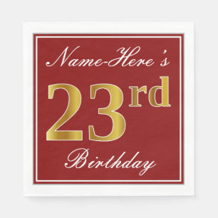 Elegant Red, Faux Gold 23rd Birthday + Custom Name Napkins