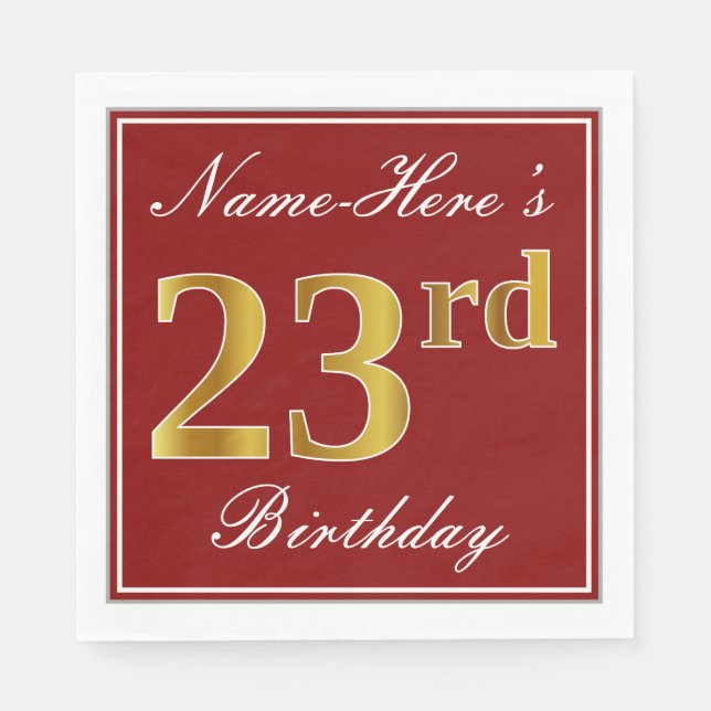 Elegant Red, Faux Gold 23rd Birthday + Custom Name Napkins (Front)