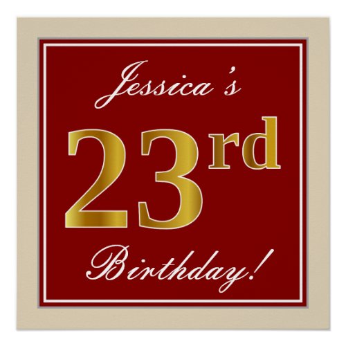 Elegant Red Faux Gold 23rd Birthday Custom Name Poster