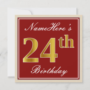 Elegant, Red, Faux Gold 24th Birthday; Custom Name Invitation