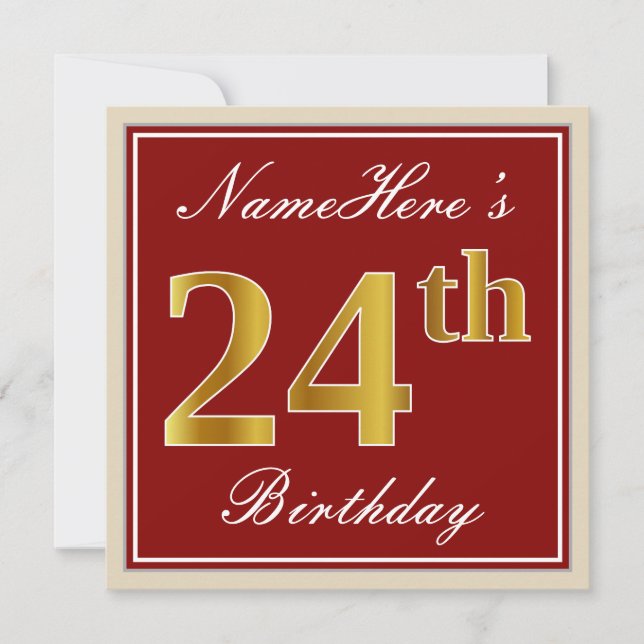 Elegant, Red, Faux Gold 24th Birthday; Custom Name Invitation (Front)