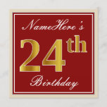 [ Thumbnail: Elegant, Red, Faux Gold 24th Birthday; Custom Name Invitation ]