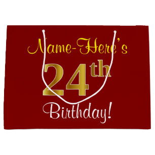 Elegant, Red, Faux Gold 24th Birthday; Custom Name Large Gift Bag