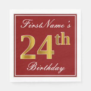 Elegant Red, Faux Gold 24th Birthday + Custom Name Napkins