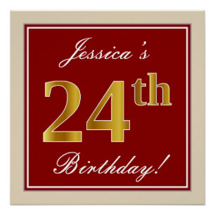 Elegant, Red, Faux Gold 24th Birthday; Custom Name Poster