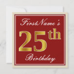 [ Thumbnail: Elegant, Red, Faux Gold 25th Birthday; Custom Name Invitation ]