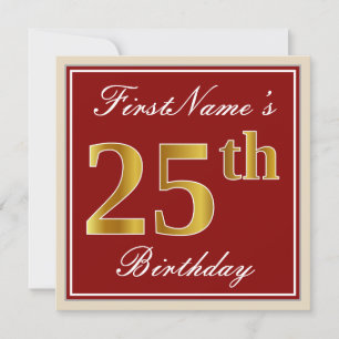 Elegant, Red, Faux Gold 25th Birthday; Custom Name Invitation