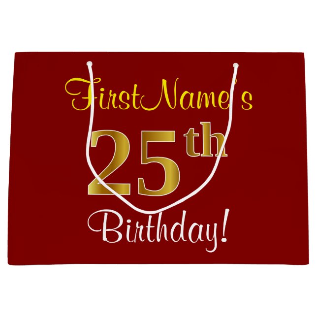 Elegant, Red, Faux Gold 25th Birthday; Custom Name Large Gift Bag (Front)