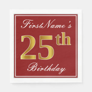 Elegant Red, Faux Gold 25th Birthday + Custom Name Napkins