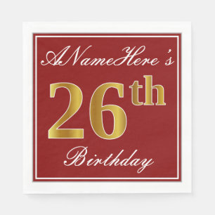 Elegant Red, Faux Gold 26th Birthday + Custom Name Napkins