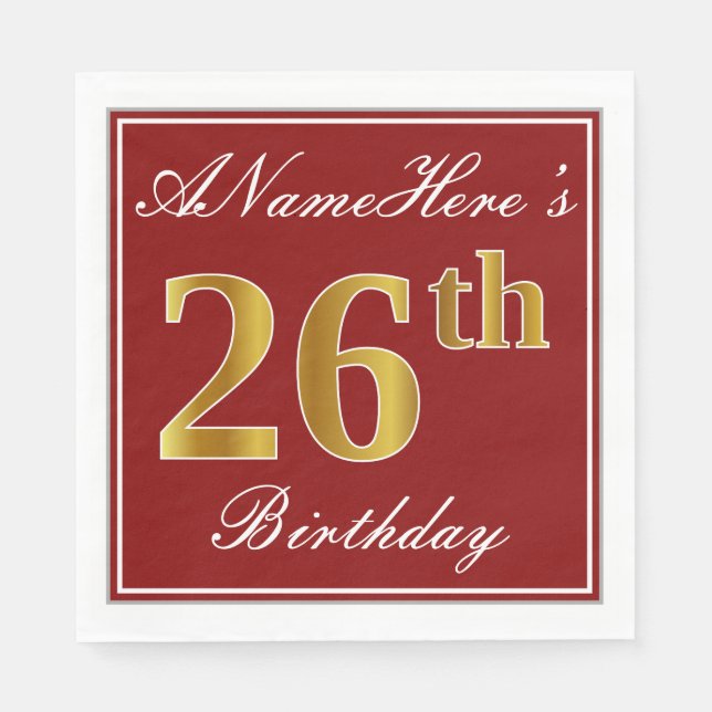 Elegant Red, Faux Gold 26th Birthday + Custom Name Napkins (Front)