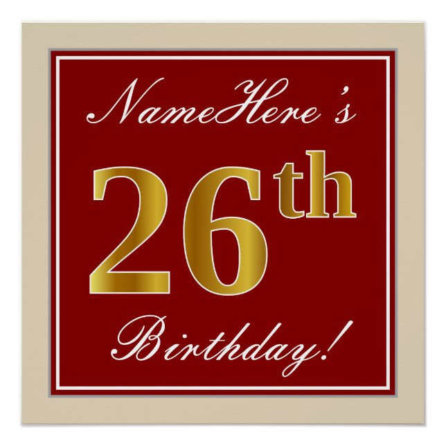 Elegant, Red, Faux Gold 26th Birthday; Custom Name Poster (Front)