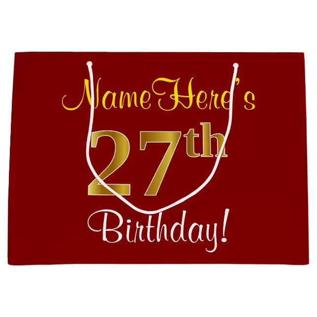Elegant, Red, Faux Gold 27th Birthday; Custom Name Large Gift Bag (Front)