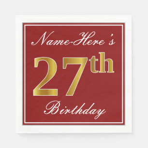 Elegant Red, Faux Gold 27th Birthday + Custom Name Napkins