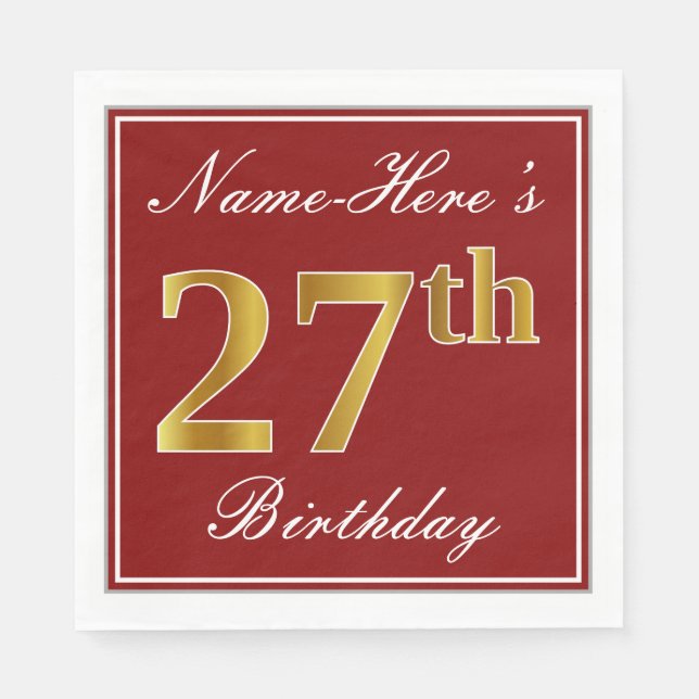 Elegant Red, Faux Gold 27th Birthday + Custom Name Napkins (Front)