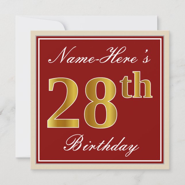 Elegant, Red, Faux Gold 28th Birthday; Custom Name Invitation (Front)