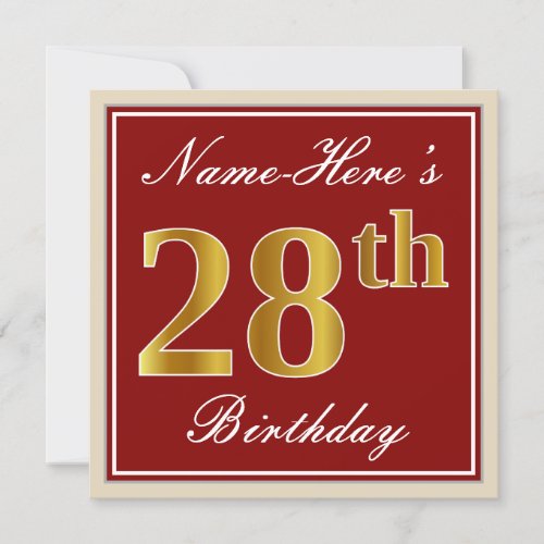 Elegant Red Faux Gold 28th Birthday Custom Name Invitation