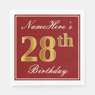 Elegant Red, Faux Gold 28th Birthday + Custom Name Napkins
