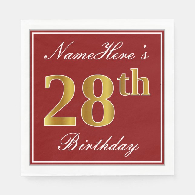 Elegant Red, Faux Gold 28th Birthday + Custom Name Napkins (Front)