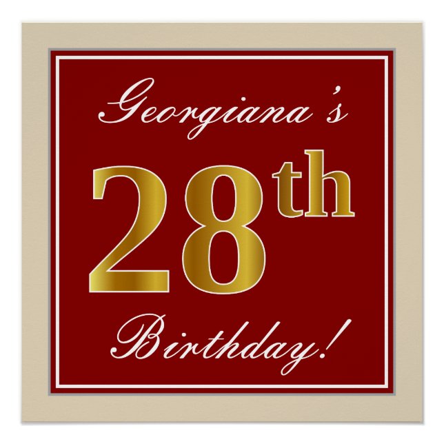 Elegant, Red, Faux Gold 28th Birthday; Custom Name Poster (Front)