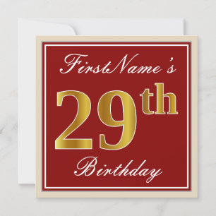 Elegant, Red, Faux Gold 29th Birthday; Custom Name Invitation