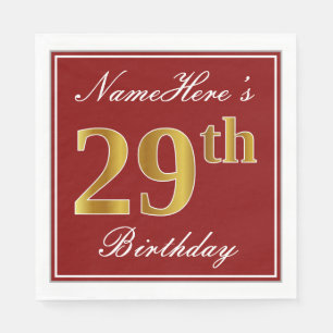 Elegant Red, Faux Gold 29th Birthday + Custom Name Napkins
