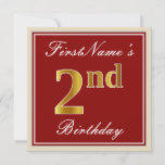 [ Thumbnail: Elegant, Red, Faux Gold 2nd Birthday + Custom Name Invitation ]