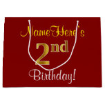 [ Thumbnail: Elegant, Red, Faux Gold 2nd Birthday + Custom Name Gift Bag ]