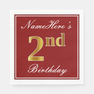 Elegant Red, Faux Gold 2nd Birthday + Custom Name Napkins