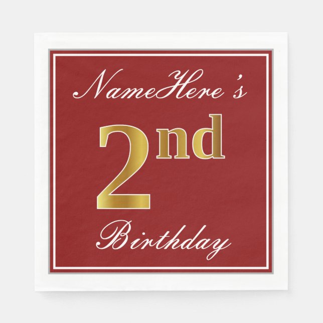 Elegant Red, Faux Gold 2nd Birthday + Custom Name Napkins (Front)