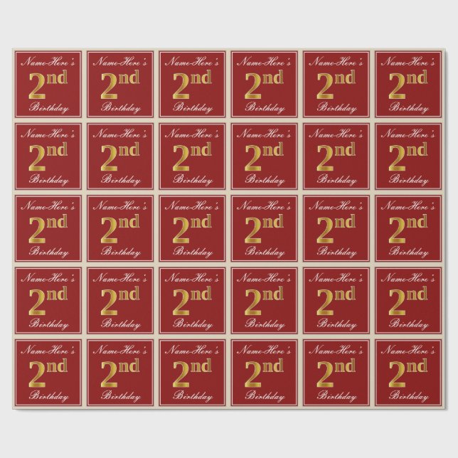 Elegant, Red, Faux Gold 2nd Birthday + Custom Name Wrapping Paper (Flat)
