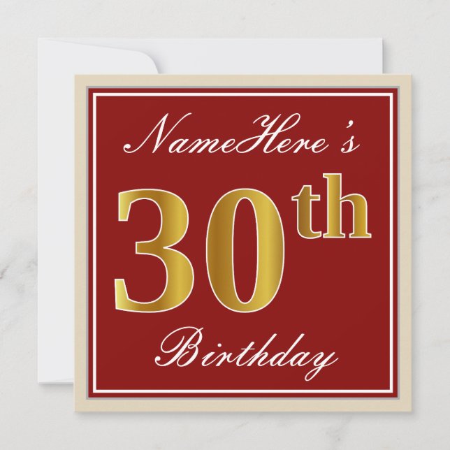 Elegant, Red, Faux Gold 30th Birthday; Custom Name Invitation (Front)