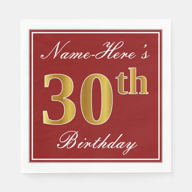 Elegant Red, Faux Gold 30th Birthday + Custom Name Paper Napkins (Front)