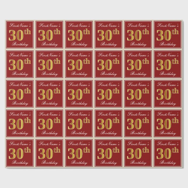 Elegant, Red, Faux Gold 30th Birthday; Custom Name Wrapping Paper (Flat)