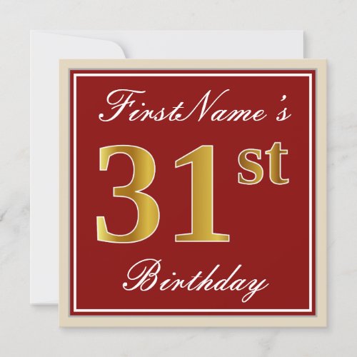 Elegant Red Faux Gold 31st Birthday Custom Name Invitation