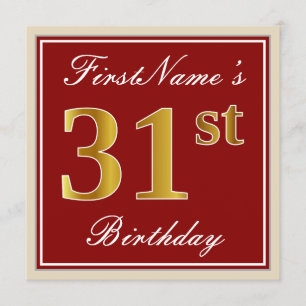 Elegant, Red, Faux Gold 31st Birthday; Custom Name Invitation