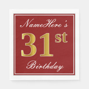 Elegant Red, Faux Gold 31st Birthday + Custom Name Napkins