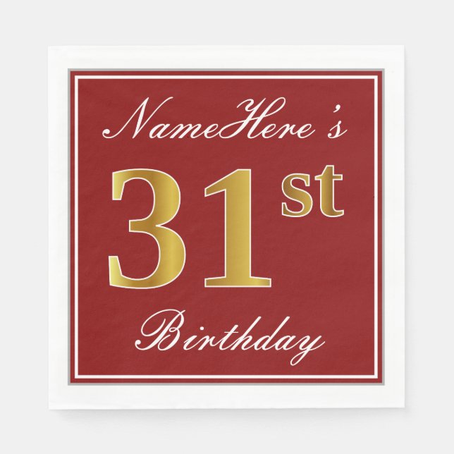 Elegant Red, Faux Gold 31st Birthday + Custom Name Napkins (Front)